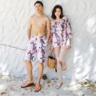 Women Set: Floral Print Ruffle Bikini + Cover-up / Men Floral Print Swim Shorts