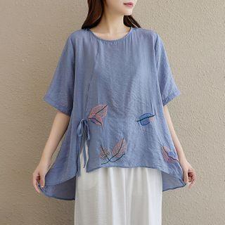 Short-sleeve Leaf Embroidered Blouse