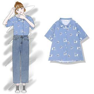 Short-sleeve Cat Pattern Shirt Blue - One Size