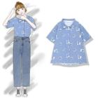 Short-sleeve Cat Pattern Shirt Blue - One Size