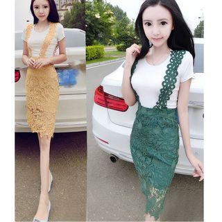 Set: Plain Short Sleeve T-shirt + Crochet Suspender Skirt