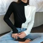 Long-sleeve Two-tone Twisted T-shirt
