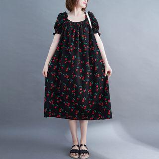 Puff-sleeve Cherry Print Midi Shift Dress