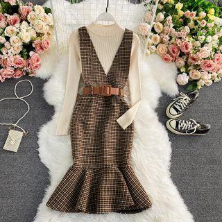 Set: Mock Neck Knit Top + Plain Woolen Tank Dress