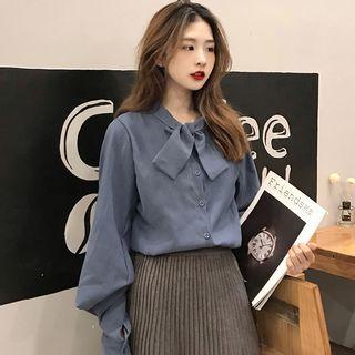 Tie-neck Blouse / Plaid Pleated Mini Skirt