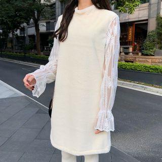 Long-sleeve Lace Panel Shift Dress White - One Size