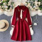Color Block Double-layered Lapel Knit Dress Red - One Size