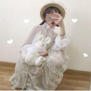 Set: Sheer Chiffon Blouse + Spaghetti Strap Floral Chiffon Dress Blouse & Strap Dress - White - One Size