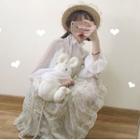 Set: Sheer Chiffon Blouse + Spaghetti Strap Floral Chiffon Dress Blouse & Strap Dress - White - One Size
