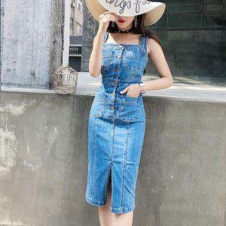 Wide-strap Buttoned Sheath Denim Dress