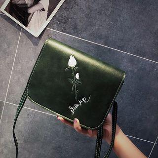 Faux Leather Rose Embroidered Crossbody Satchel