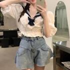 Puff-sleeve Sailor Collar Cropped Blouse White - One Size
