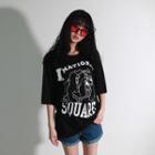 Elbow-sleeve Dog Lettering T-shirt