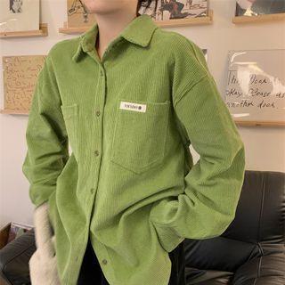 Long-sleeve Plain Corduroy Shirt Jacket Green - One Size