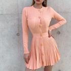 Long-sleeve Knit Button Mini A-line Pleated Dress