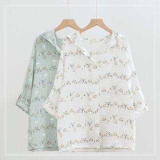 Elbow-sleeve Cartoon Print Hooded Top