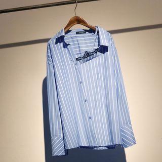 Long-sleeve Lace Trim Striped Shirt