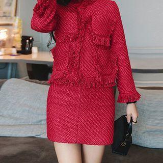 Set: Fringe Tweed Jacket + A-line Skirt