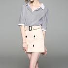 Set: Striped Elbow-sleeve Shirt + A-line Skirt