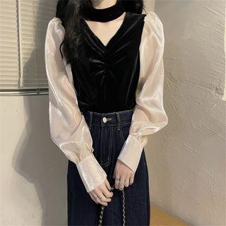 Lantern-sleeve Halter Neck Two-tone Blouse