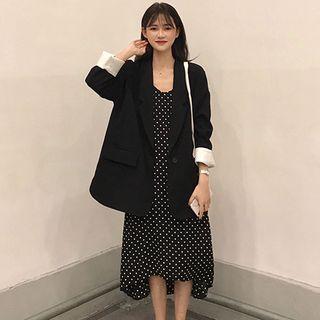 Two-tone Single-button Blazer / Dotted Spaghetti Strap Midi Dress