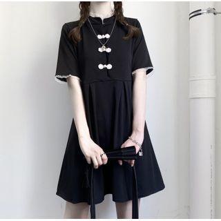 Elbow-sleeve Frog-button Mini A-line Dress Black - One Size