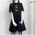 Elbow-sleeve Frog-button Mini A-line Dress Black - One Size