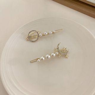 Moon & Star / Planet Rhinestone Faux Pearl Hair Clip
