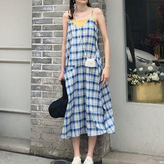 Spaghetti Strap Mini Plaid V-neck Dress As Shown In Figure - One Size