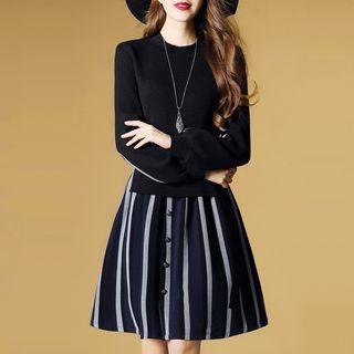 Mock Two-piece Striped Panel Long-sleeve A-line Dress