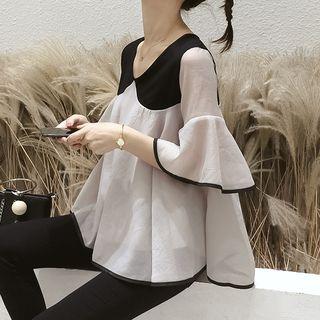 Bell-sleeve Two-tone Chiffon Blouse