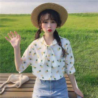 Elbow-sleeve Pineapple Print Blouse Pineapple Print - White - One Size