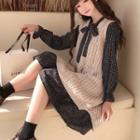 Cable Knit Vest / Plaid Long-sleeve Tie-neck A-line Dress