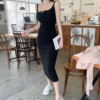 Spaghetti Strap Midi Knit Sheath Dress Black - One Size