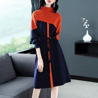 Long-sleeve Knit Mock-neck Drawstring-waist A-line Dress