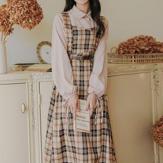 Collared Blouse / Sleeveless Plaid Dress / Set