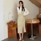 Plain Open Knit Cardigan / Floral Pinafore Dress