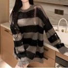 Striped Distressed Sweater Stripes - Black & Gray - One Size
