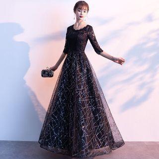 Elbow-sleeve Lace Panel Maxi A-line Evening Gown