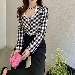 Check Cardigan / Eyelet Lace Sleeveless Top / Plain High-waist Pants