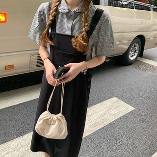 Short-sleeve Checked Frill Trim Shirt / A-line Midi Pinafore Dress