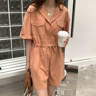Short-sleeev Collared Drawstring Romper