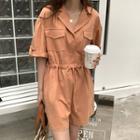 Short-sleeev Collared Drawstring Romper