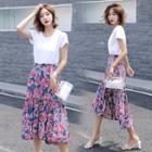 Set: Plain Short-sleeve T-shirt + Flower Print Midi A-line Skirt