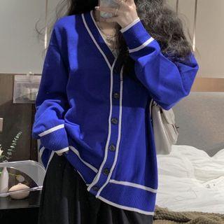 Contrast Trim Cardigan / High-waist Straight Leg Pants