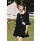Plain Elbow-sleeve Lace-up Back Mini A-line Dress