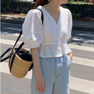 Eyelet Lace Elbow-sleeve Peplum Top White - One Size