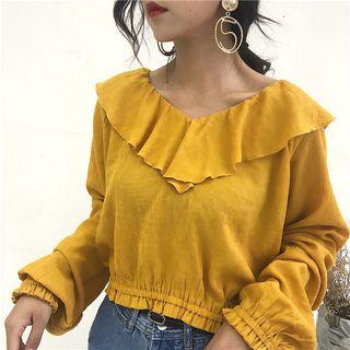 Plain V-neck Ruffle Cropped Blouse