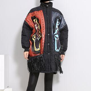 Fringed Trim Applique Padded Jacket Black - One Size