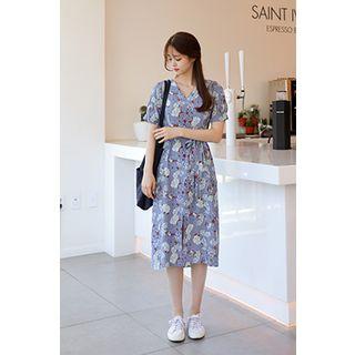 Short-sleeve Tie-waist Floral Long Dress
